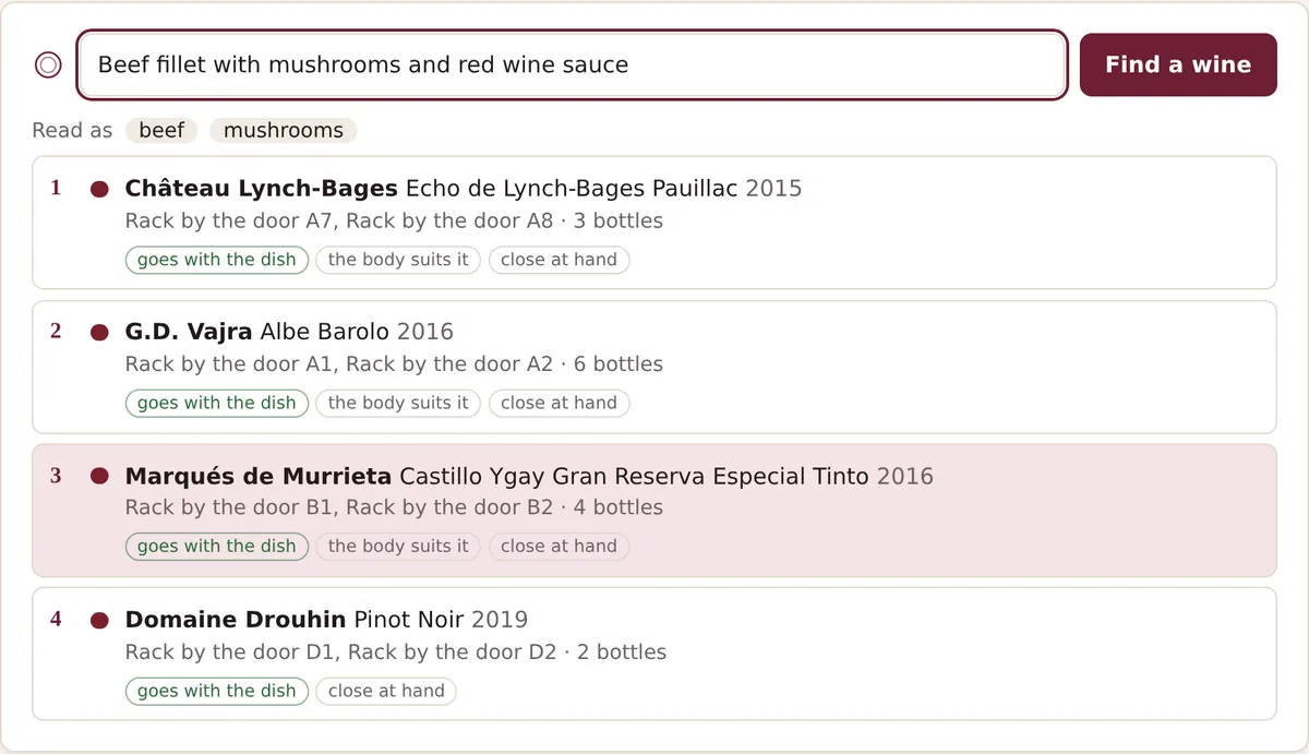 Wine suggestions from the cellar for a dish